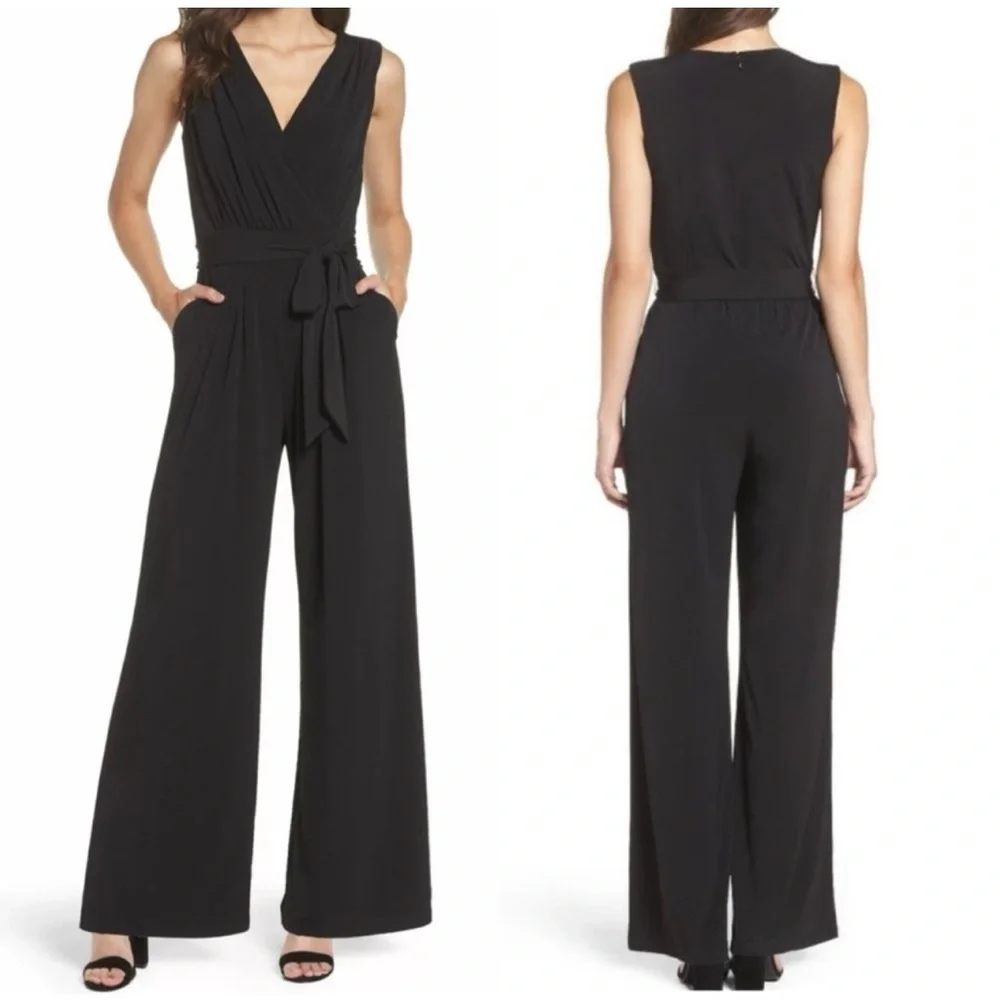 VINCE CAMUTO Faux Wrap Wide-Leg Jersey Jumpsuit, XL, Black - Picture 2 of 16